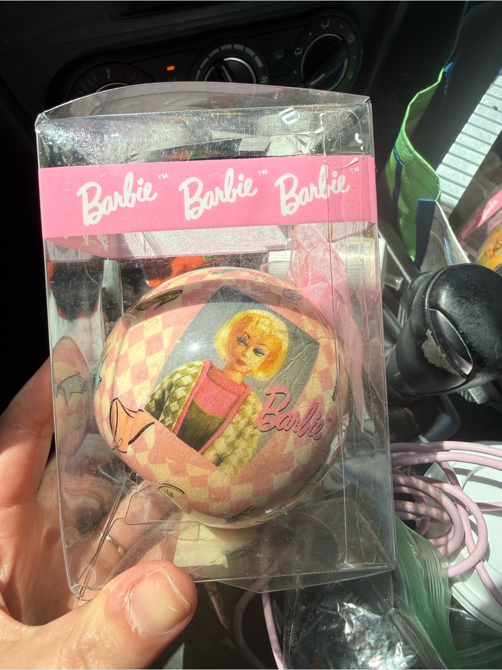 Vintage Barbie Pink and Cream Decorative Ball with Blonde Doll Artwork
